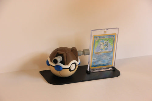Blastoise Card Display from the front: the Blastoise Pokéball and a card in its One-Touch case on the stand. Card not included.