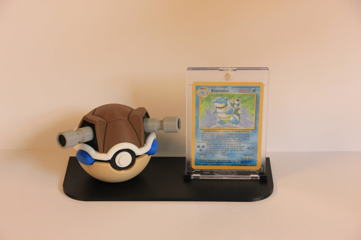 Blastoise Card Display straight on: Pokéball on the left, One-Touch case on the right. Card not included.