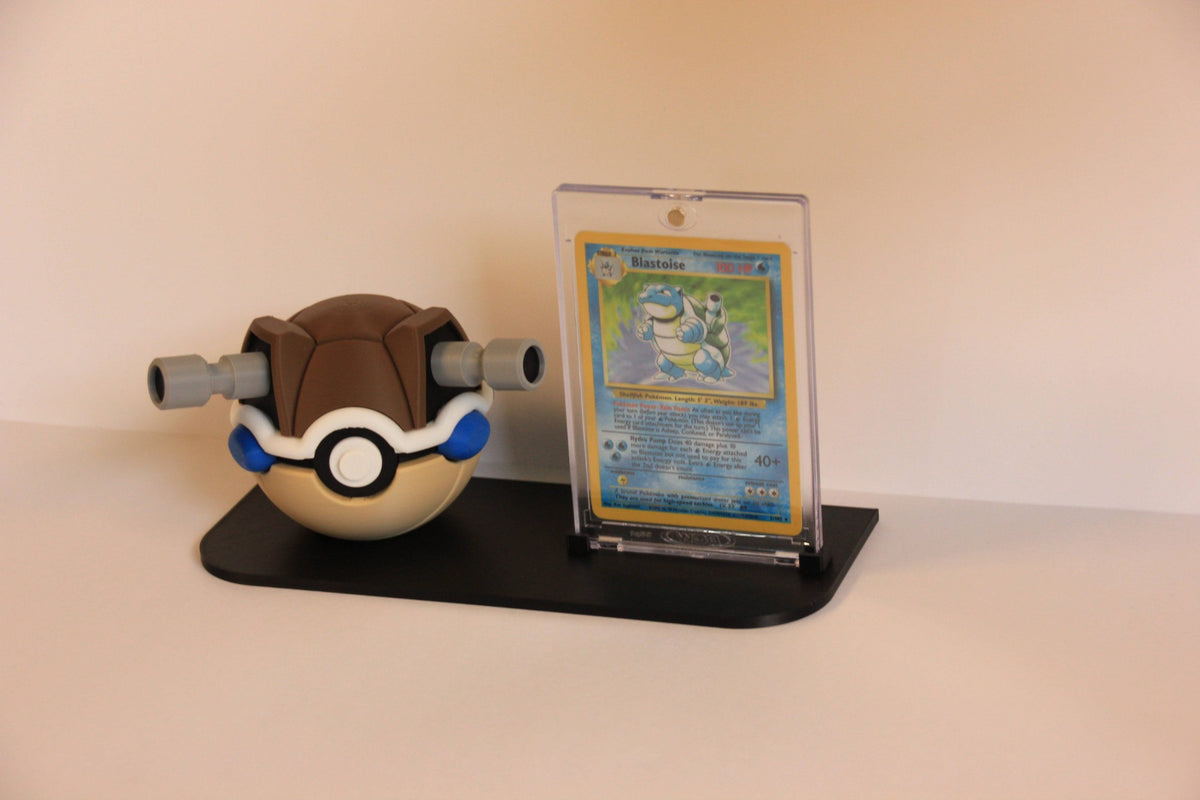 Blastoise Card Display at an angle: Pokéball on the left, One-Touch case on the right. Card not included.