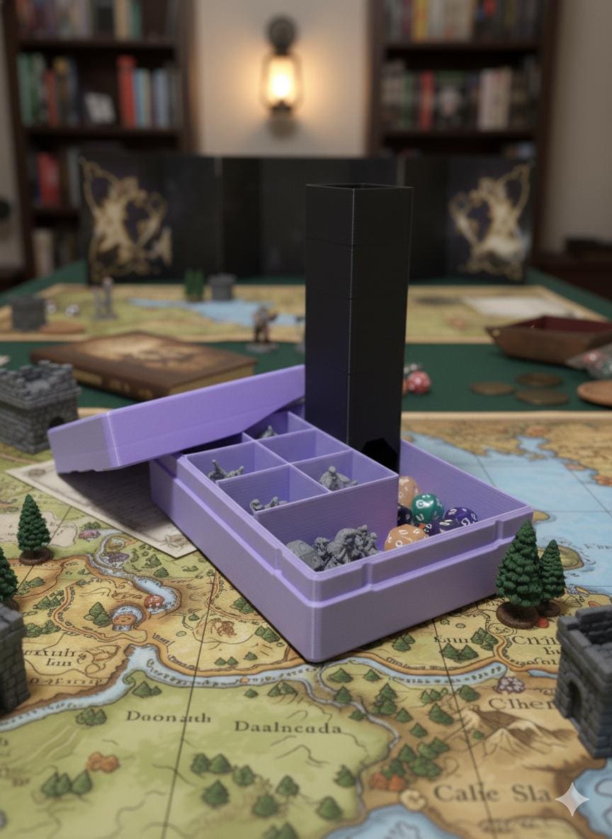 Tabletop RPG Travel Box | Dice Tower, Miniature Storage (Fits 6)
