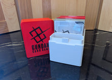 standard_gundam|Gundam Card Game Standard deck box base with cards loaded behind the divider, next to the logo lid