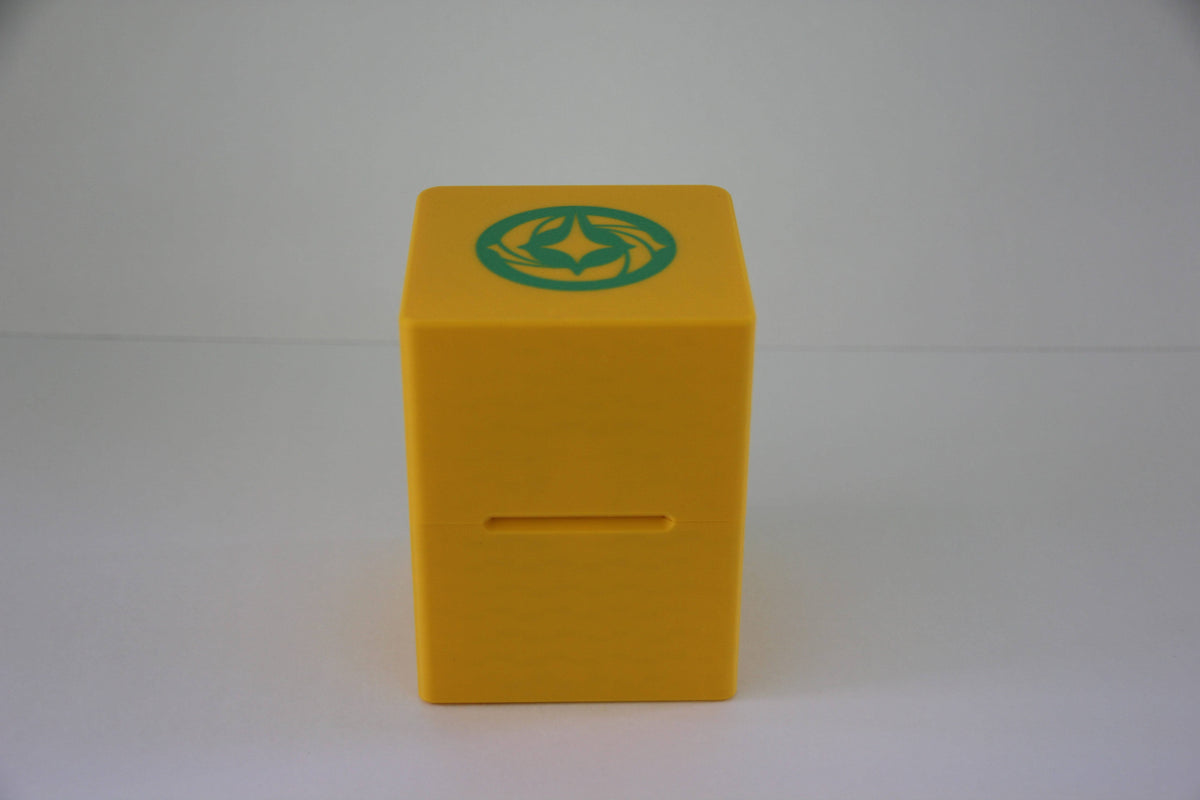 standard_lorcana|Yellow Disney Lorcana Standard deck box front on, showing the lore emblem lid and front card slot