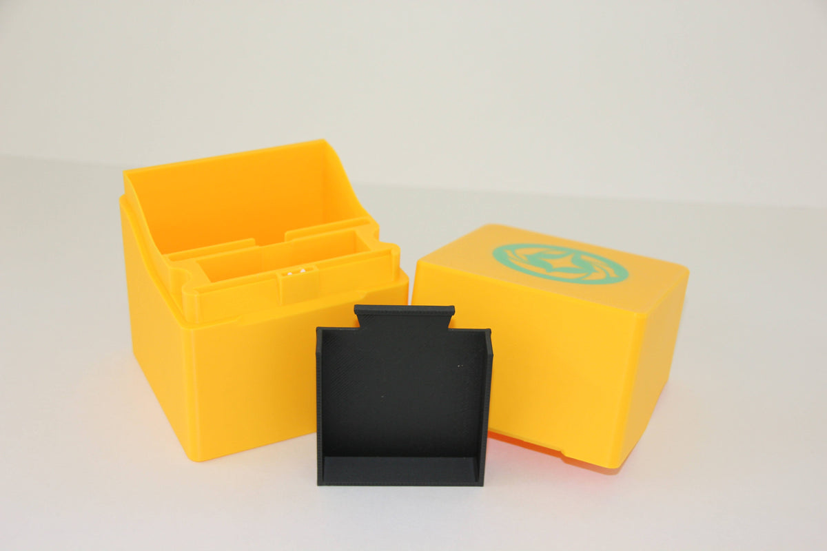 standard_lorcana|Disney Lorcana Standard deck box with the removable black dice tray lifted out in front of the base and lid