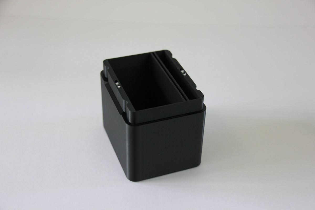 standard_one_piece|One Piece Standard deck box empty, angled to show the divided interior and lid latch detail