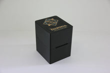 standard_palworld|Black 3D printed Palworld Official Card Game deck box closed, three-quarter view with the gold logo on the lid