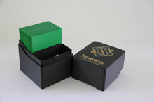 standard_palworld|Palworld deck box open with a green-sleeved deck standing in the base, logo lid alongside