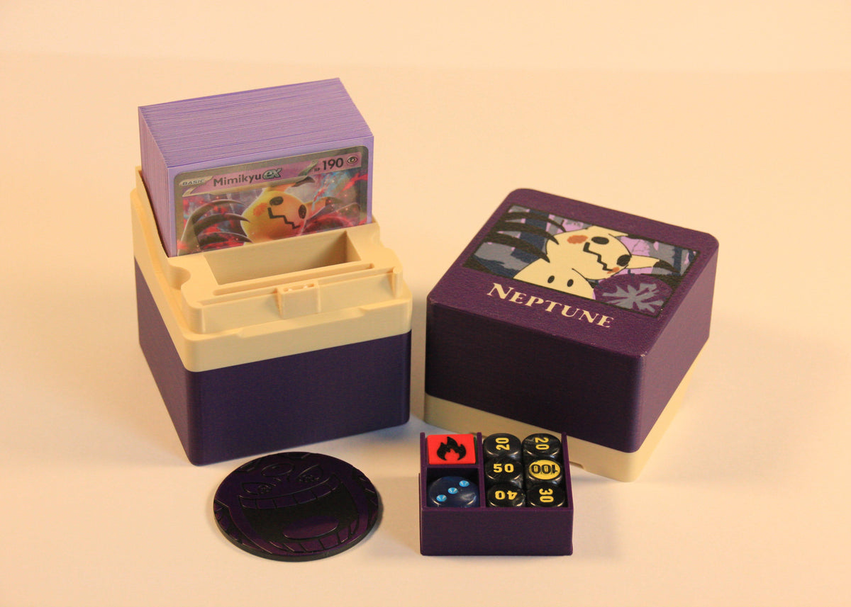 standard_pokemon|Purple Pokémon Standard deck box with a Mimikyu ex deck, custom Mimikyu flip coin, and damage-counter dice tray