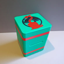 standard_pokemon|Green and red Pokémon Standard deck box closed, with a Charizard pokéball lid graphic and front coin slot