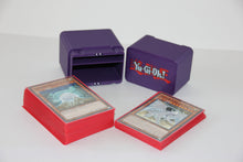 standard_yugioh|Purple Yu-Gi-Oh deck box lid and base separated showing the logo and card slot