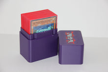 standard_yugioh|Purple Yu-Gi-Oh deck box open with a sleeved Blue-Eyes deck inside