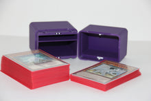 standard_yugioh|Purple Yu-Gi-Oh deck box interior with two sleeved deck stacks